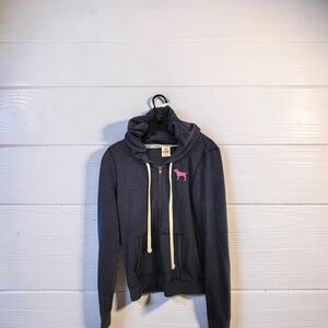 PINK Victoria's Secret Navy Zip-Up Hoodie with Pink Dog Logo